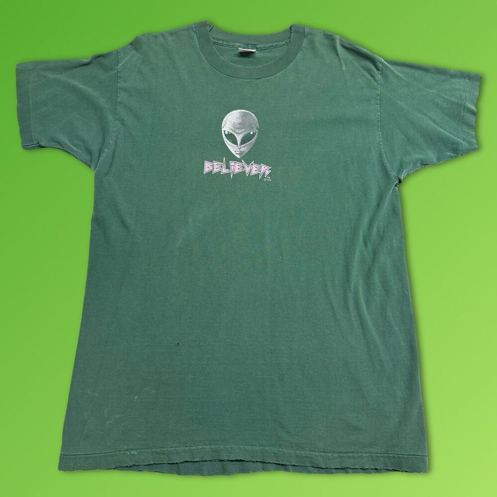 1995 Alien Workshop “BELIEVER” Green Skateboard T Shirt Gray XL Size Vintage 90
